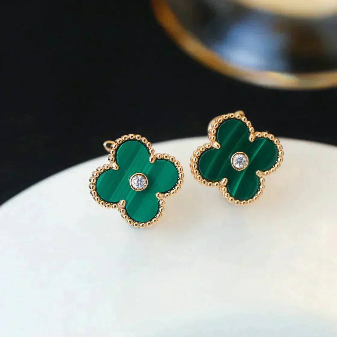 [Renovia Jewelry]CLOVER MEDIUM 1 MOTIFS MALACHITE DIAMOND EARRINGS