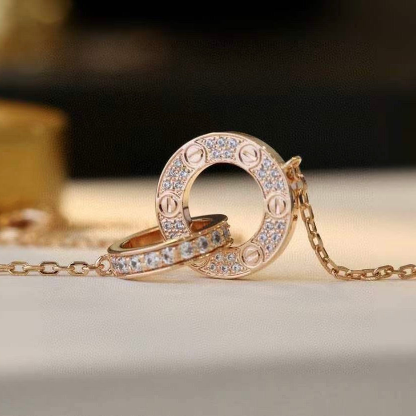 [Renovia Jewelry]LOVE 7.6MM NECKLACE ROSE GOLD AND SILVER  FULL DIAMOND