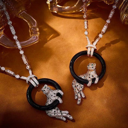 [Renovia Jewelry jewelrys]NEW BLACK CIRCLE PANTHER FULL DIAMOND NECKLACE