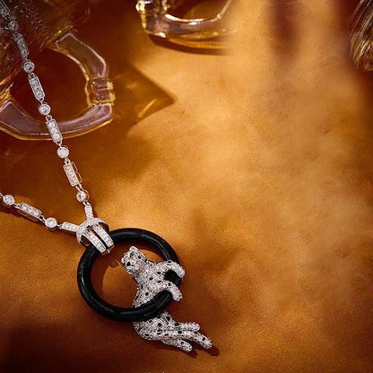 [Renovia Jewelry jewelrys]NEW BLACK CIRCLE PANTHER FULL DIAMOND NECKLACE